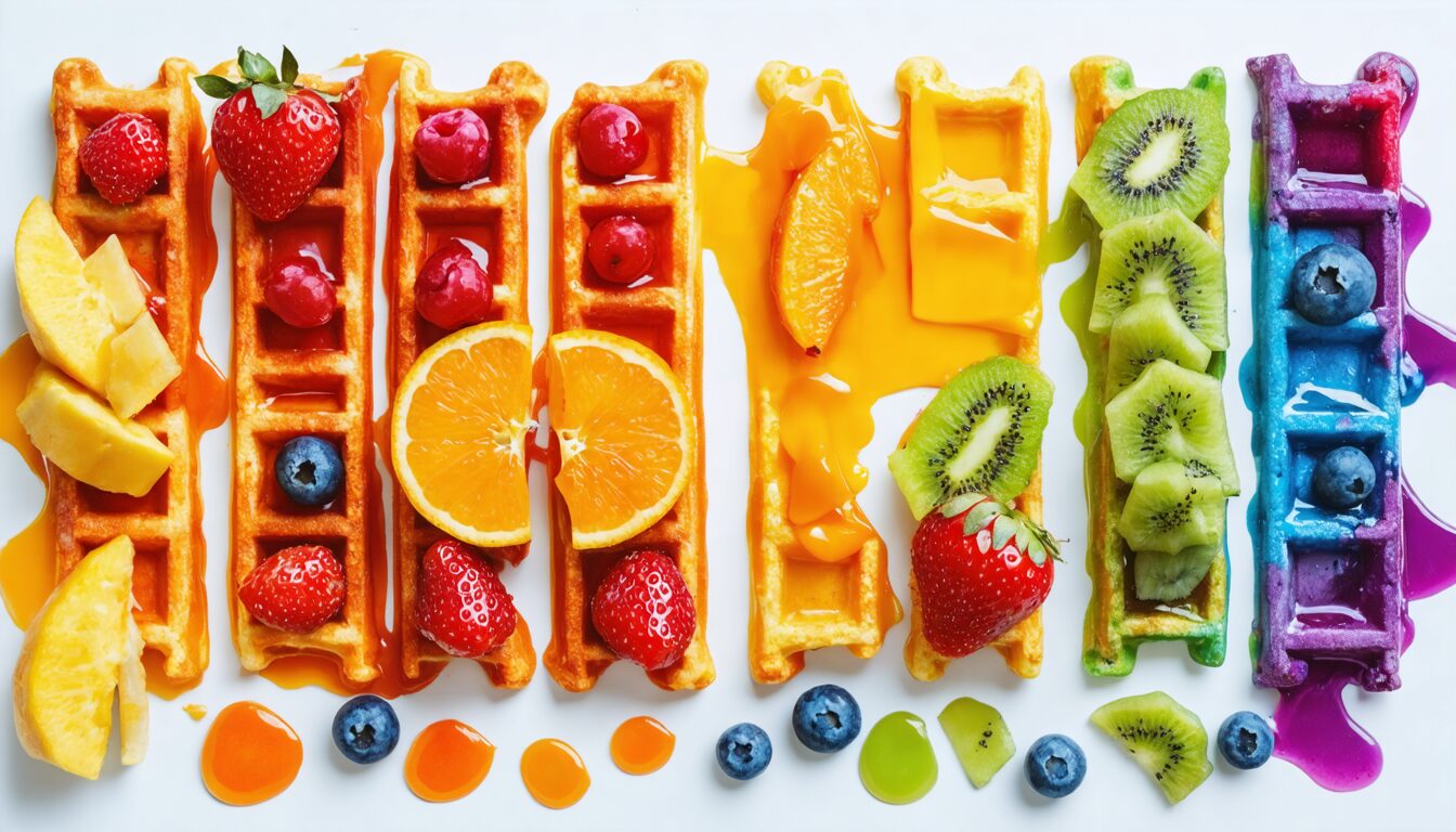 laissez-vous tenter par cette recette de gaufre arc-en-ciel aux saveurs exotiques, garnie de fruits colorés pour un dessert original, gourmand et plein de vitamines !