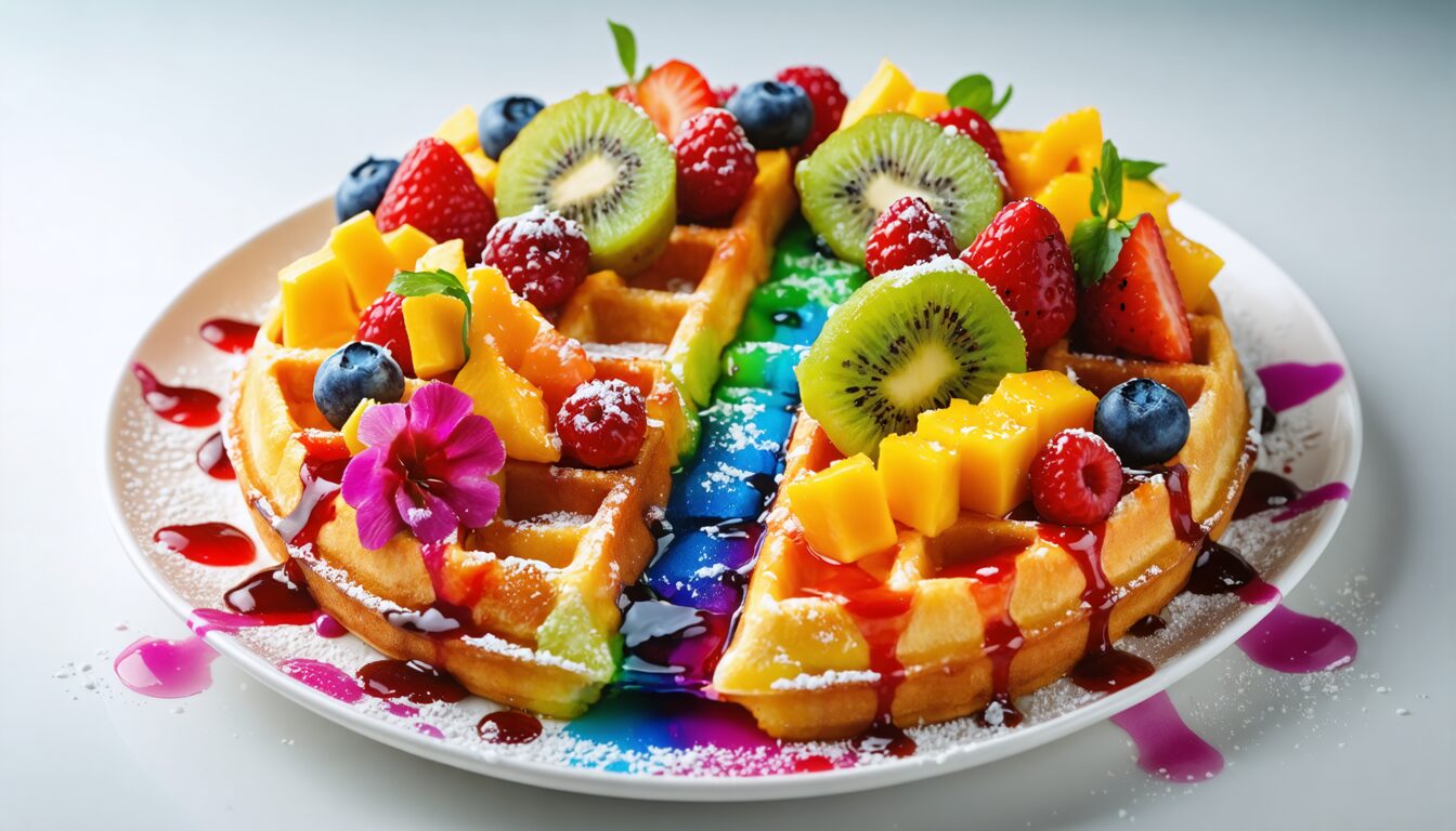 découvrez comment réaliser une délicieuse gaufre arc-en-ciel aux saveurs exotiques, garnie de fruits frais et colorés, pour un dessert gourmand, original et plein de vitamines !