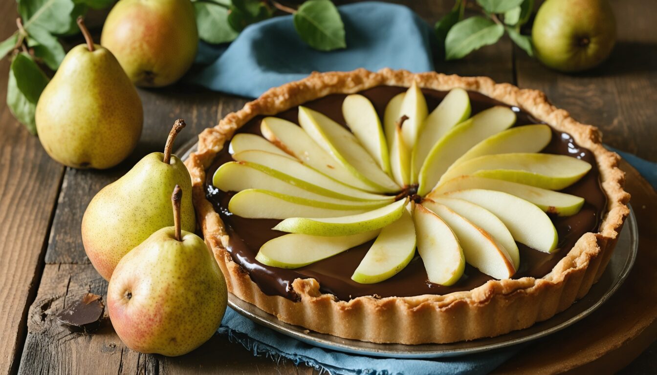 laissez-vous tenter par la tarte aux poires et au chocolat de cyril lignac, une recette gourmande qui associe la tendresse des poires à l’intensité du chocolat. facile à réaliser, elle ravira tous les amateurs de desserts.