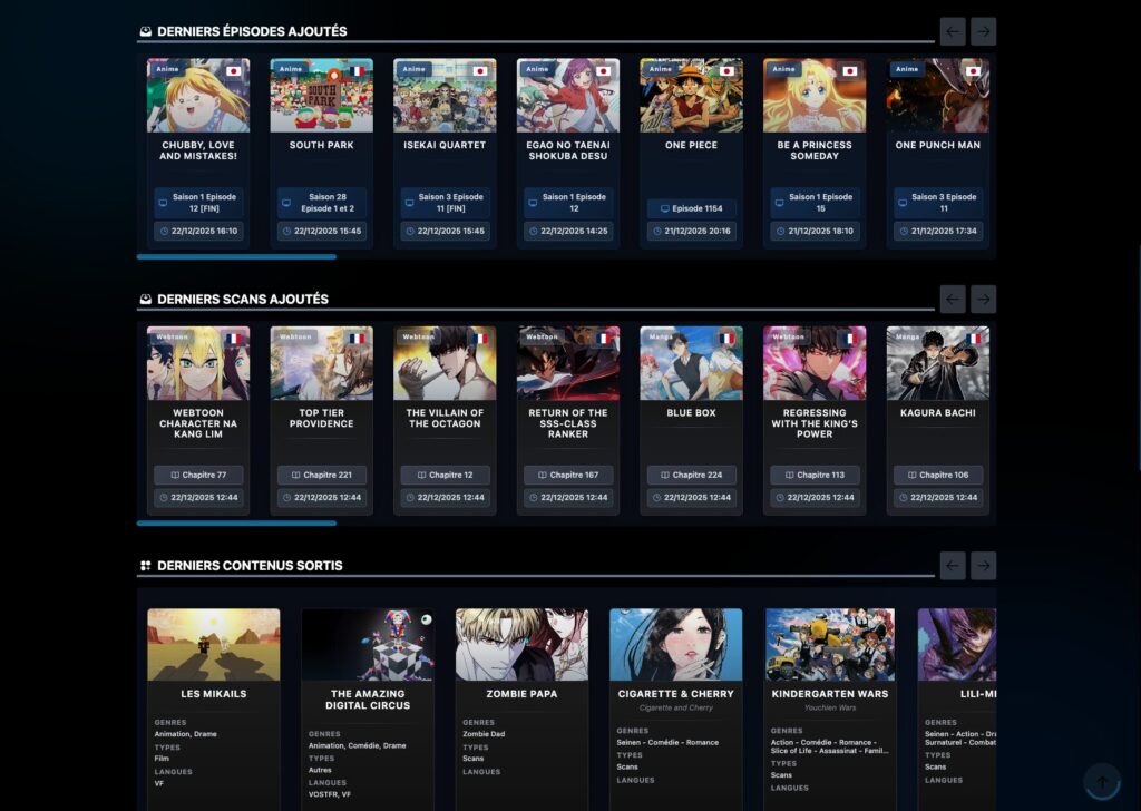 Derniers épisodes, scans, contenus animés ajoutés.