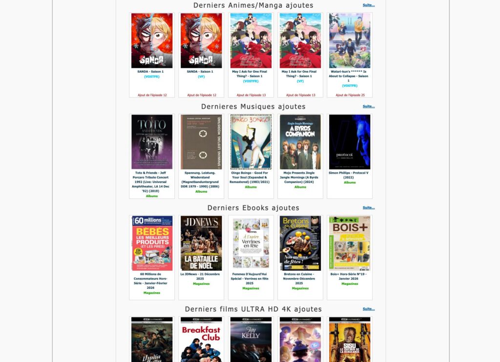 Derniers ajouts anime, musique, ebooks, films en ligne.