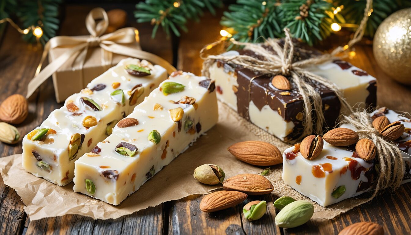 découvrez nos deux délicieuses variétés de nougat français, parfaites à offrir en cadeau à vos proches pour partager douceur et tradition.