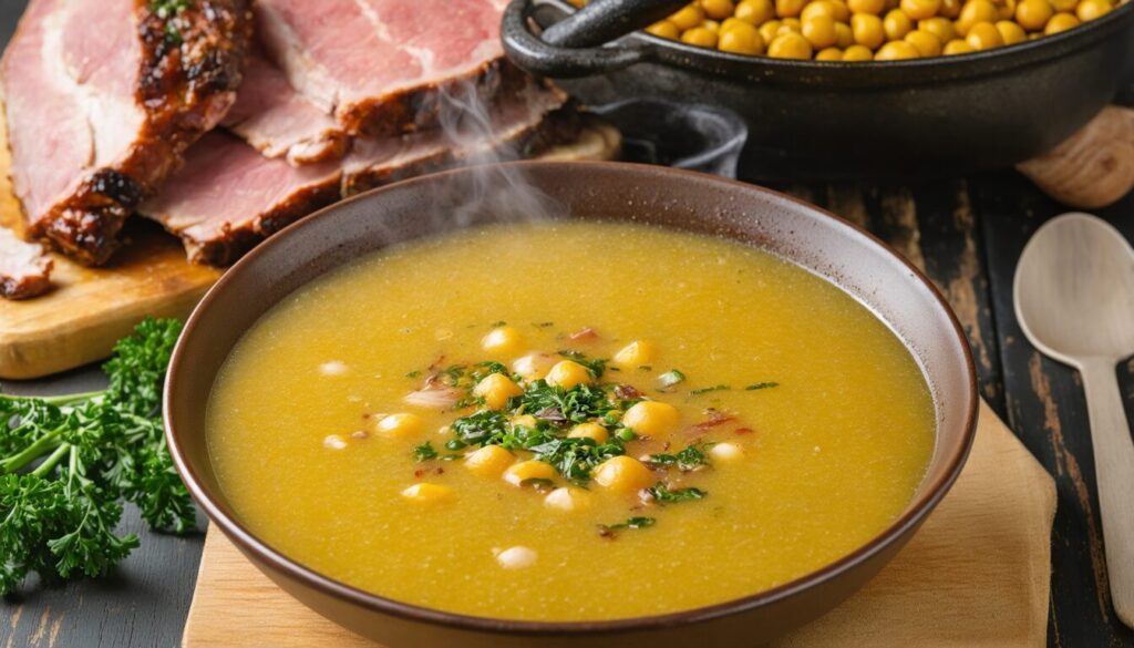 Délice campagnard : Soupe réconfortante aux petits pois et morceaux de porc fumé