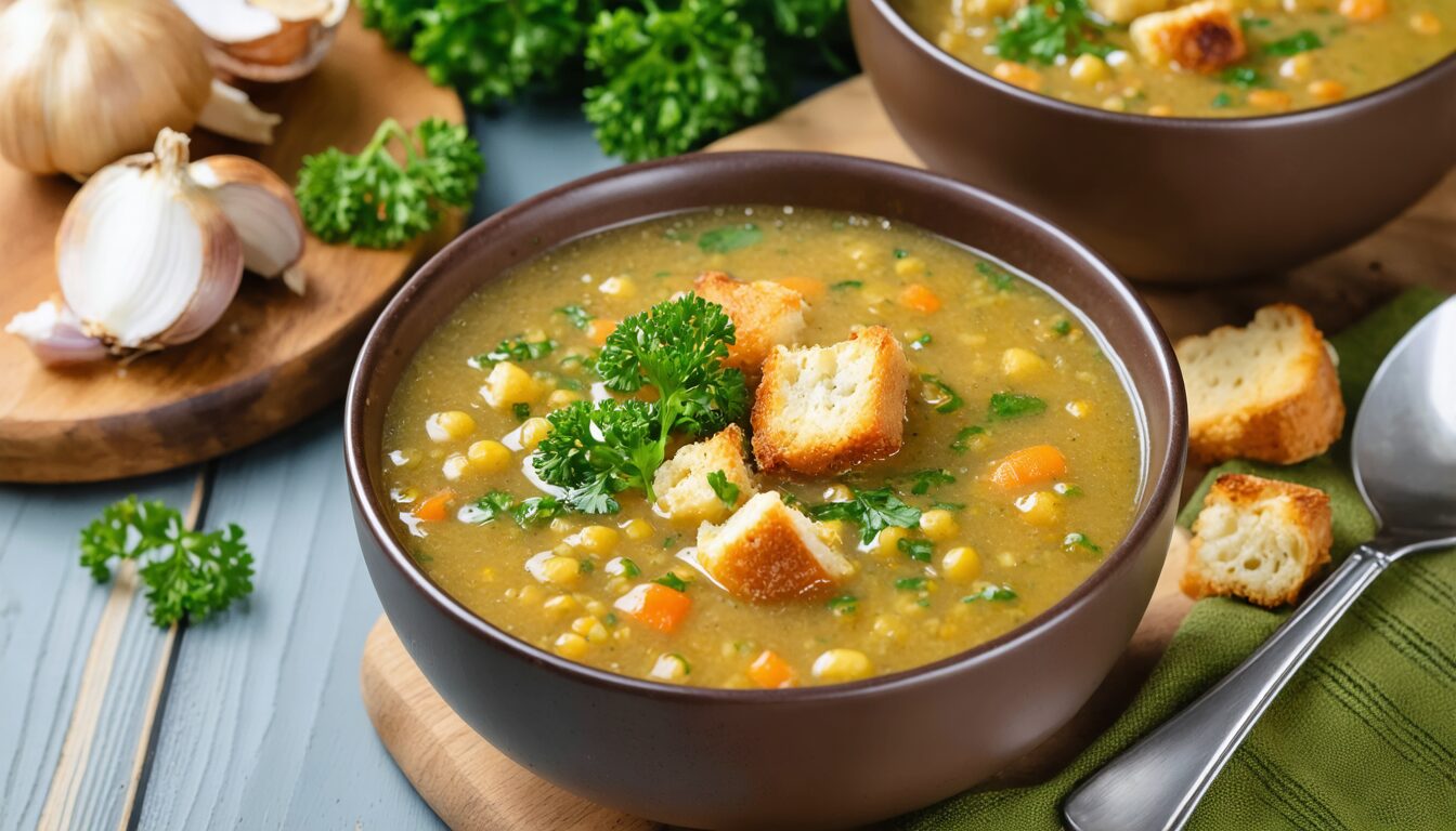 savourez notre soupe réconfortante aux petits pois et morceaux de porc fumé, un délice campagnard parfait pour réchauffer vos journées.