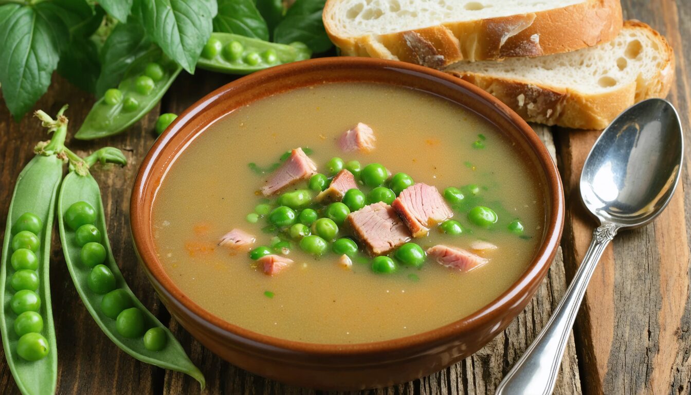 savourez notre soupe réconfortante aux petits pois et morceaux de porc fumé, un délice campagnard qui réchauffe les cœurs et les papilles.
