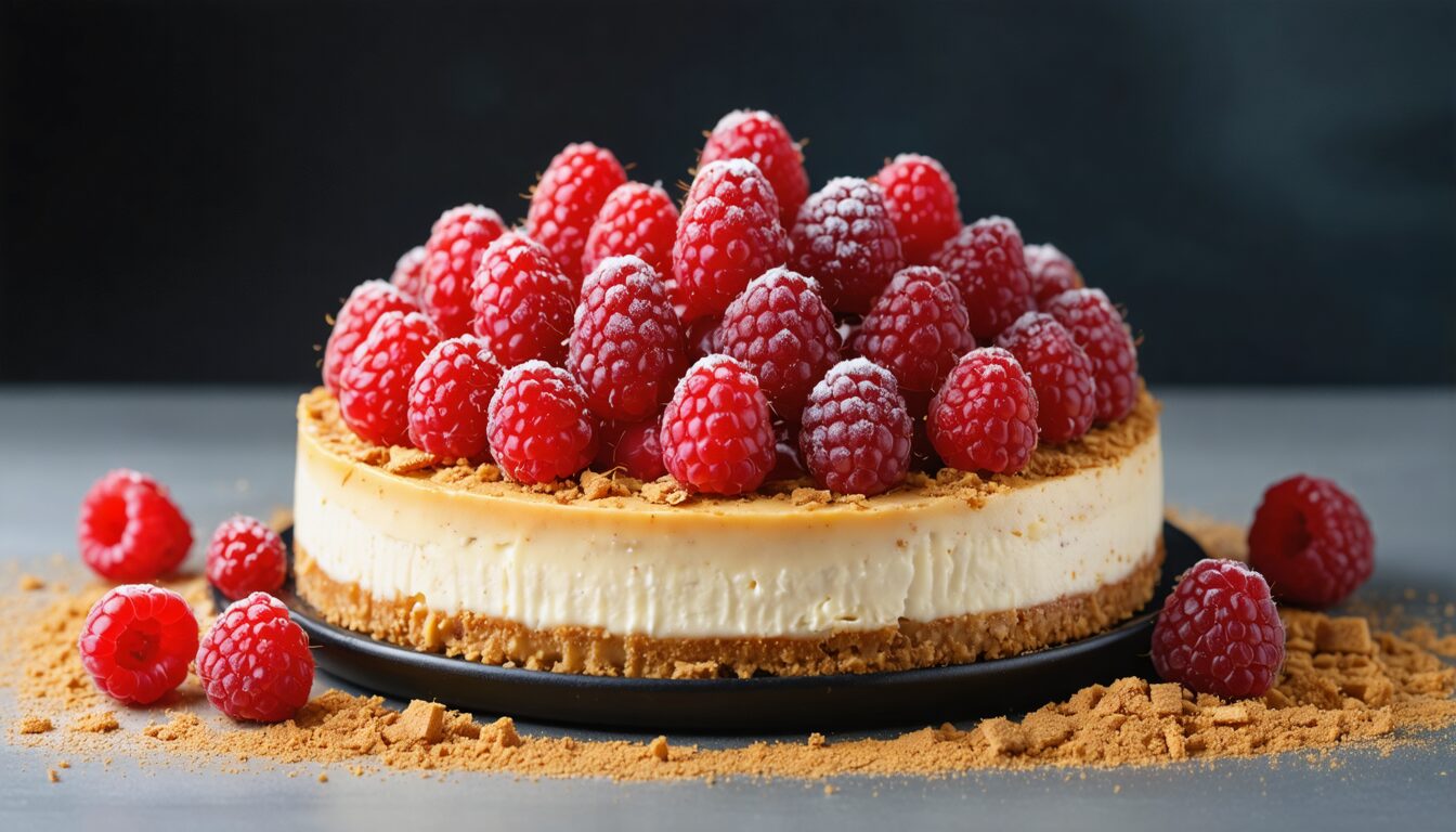 savourez un cheesecake onctueux aux framboises fraîches, rehaussé de croquants spéculoos pour une explosion de douceur et de texture à chaque bouchée.