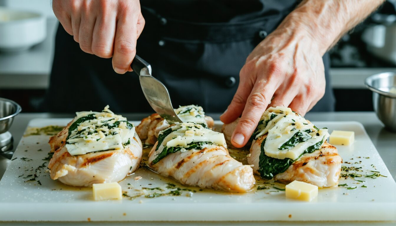 découvrez notre recette simple et savoureuse de blancs de poulet farcis au comté et épinards, parfaite pour un repas gourmet facile à préparer.