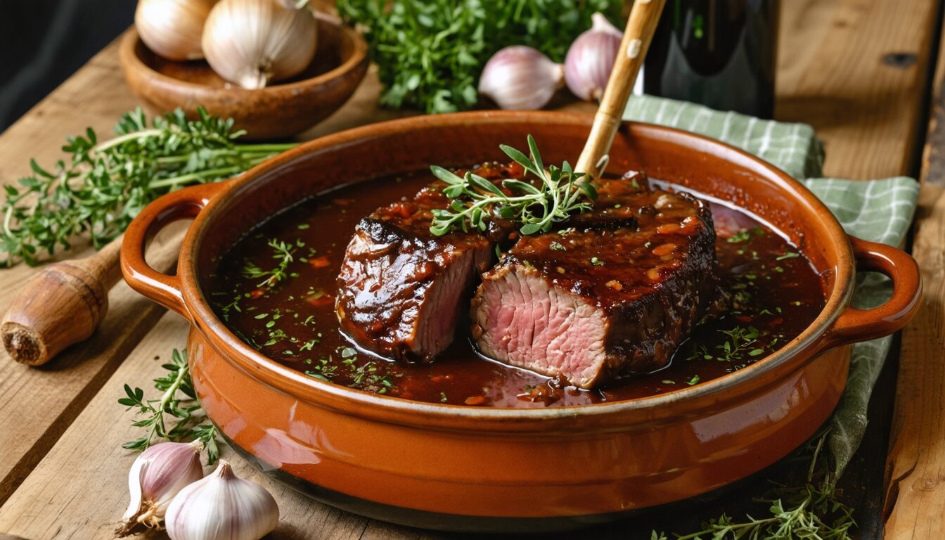 découvrez la recette traditionnelle de la joue de porc en sauce au vin, un plat savoureux et réconfortant transmis de génération en génération par grand-mère.