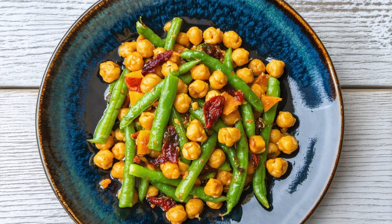 découvrez une salade gourmande tiède alliant pois chiches croquants, haricots verts frais, courge rôtie savoureuse et tomates séchées parfumées, parfaite pour un repas sain et réconfortant.