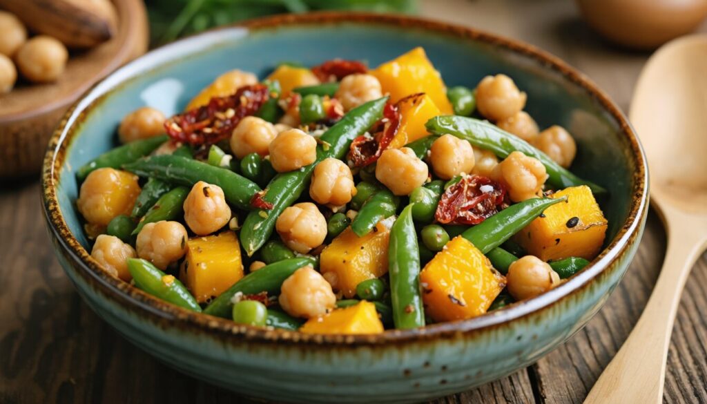 Salade gourmandes tiède de pois chiches et haricots verts, courge rôtie et tomates séchées