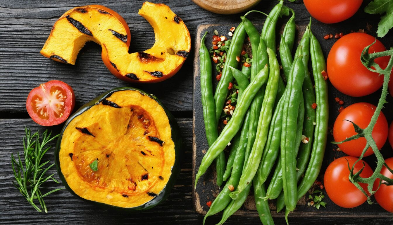 découvrez une salade gourmande tiède alliant pois chiches, haricots verts croquants, courge rôtie et tomates séchées pour une explosion de saveurs et de textures, parfaite pour un repas sain et savoureux.