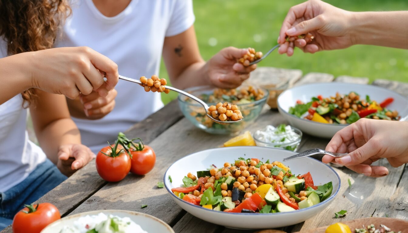 découvrez notre salade tiède gourmande alliant pois chiches, haricots verts croquants, courge rôtie et tomates séchées pour une explosion de saveurs et de textures.
