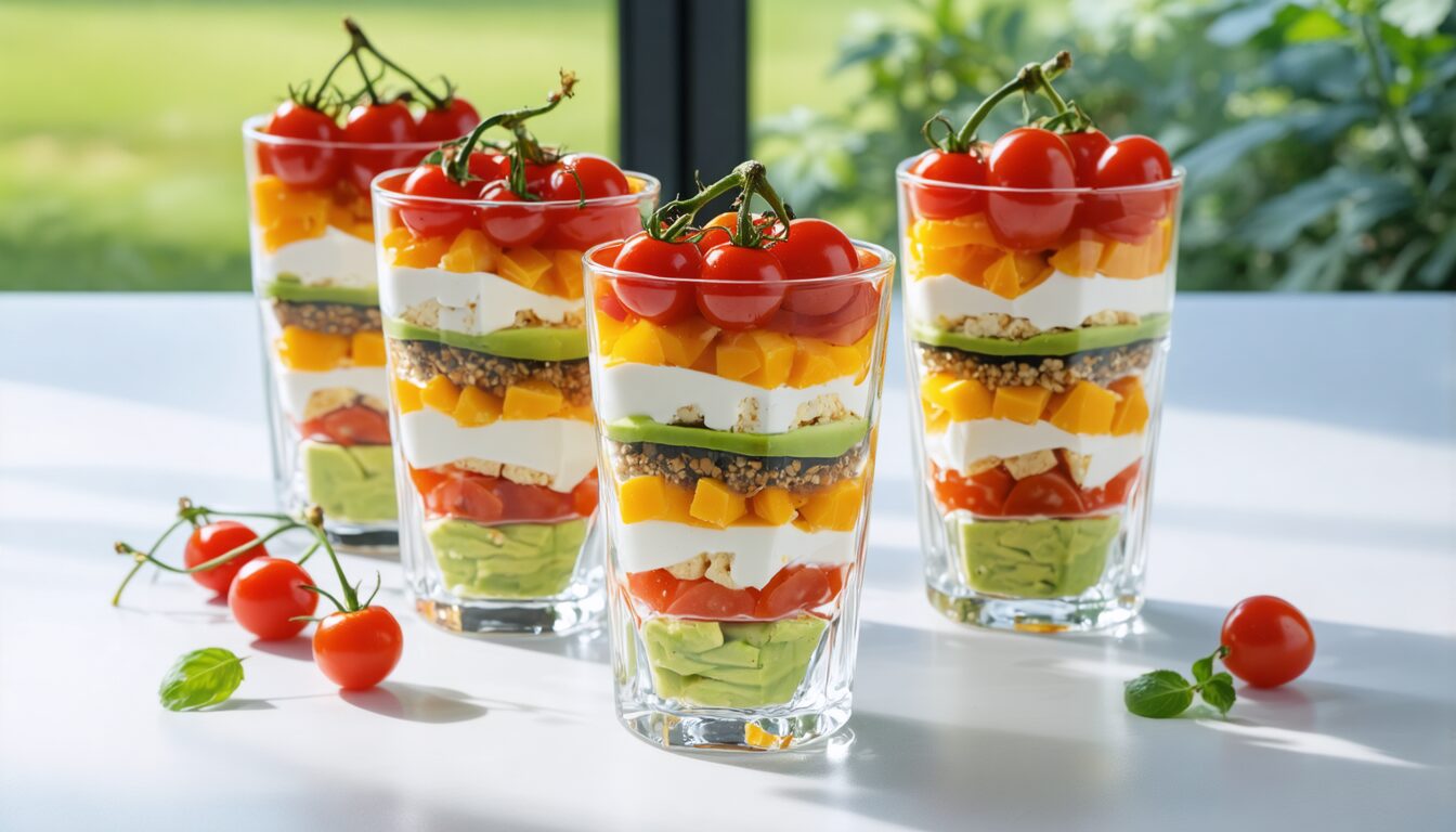découvrez délice express, des verrines gourmandes alliant avocat crémeux, tofu soyeux et tomates cerises juteuses, pour une explosion de saveurs fraîches et saines.