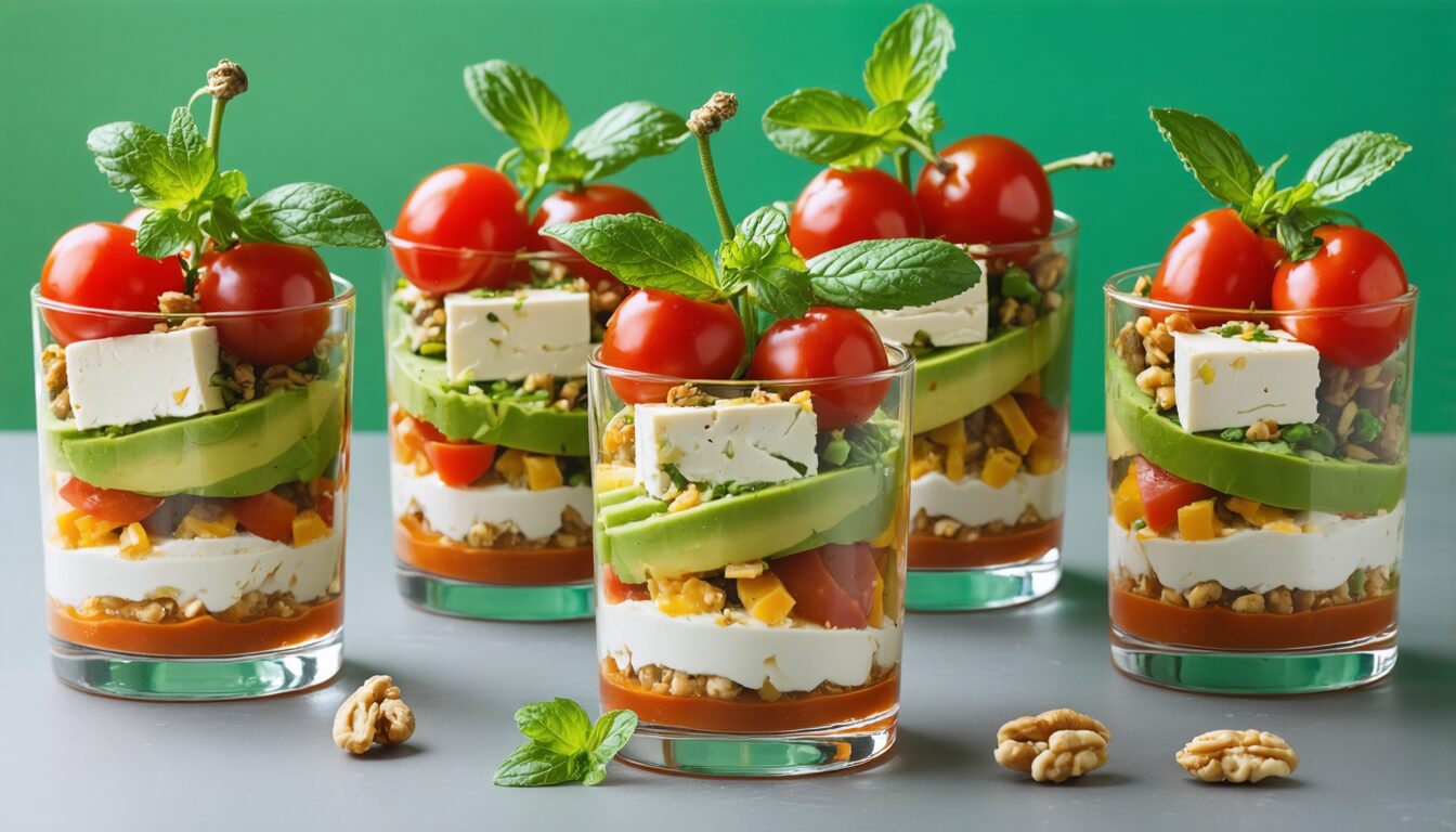 découvrez délice express, des verrines gourmandes alliant avocat crémeux, tofu soyeux et tomates cerises fraîches pour une explosion de saveurs saine et rapide.