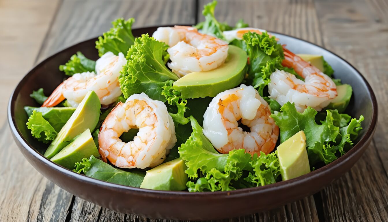 découvrez notre salade nutritive délice frais alliant crevettes savoureuses, kale croquant et avocat crémeux pour un repas sain et délicieux.