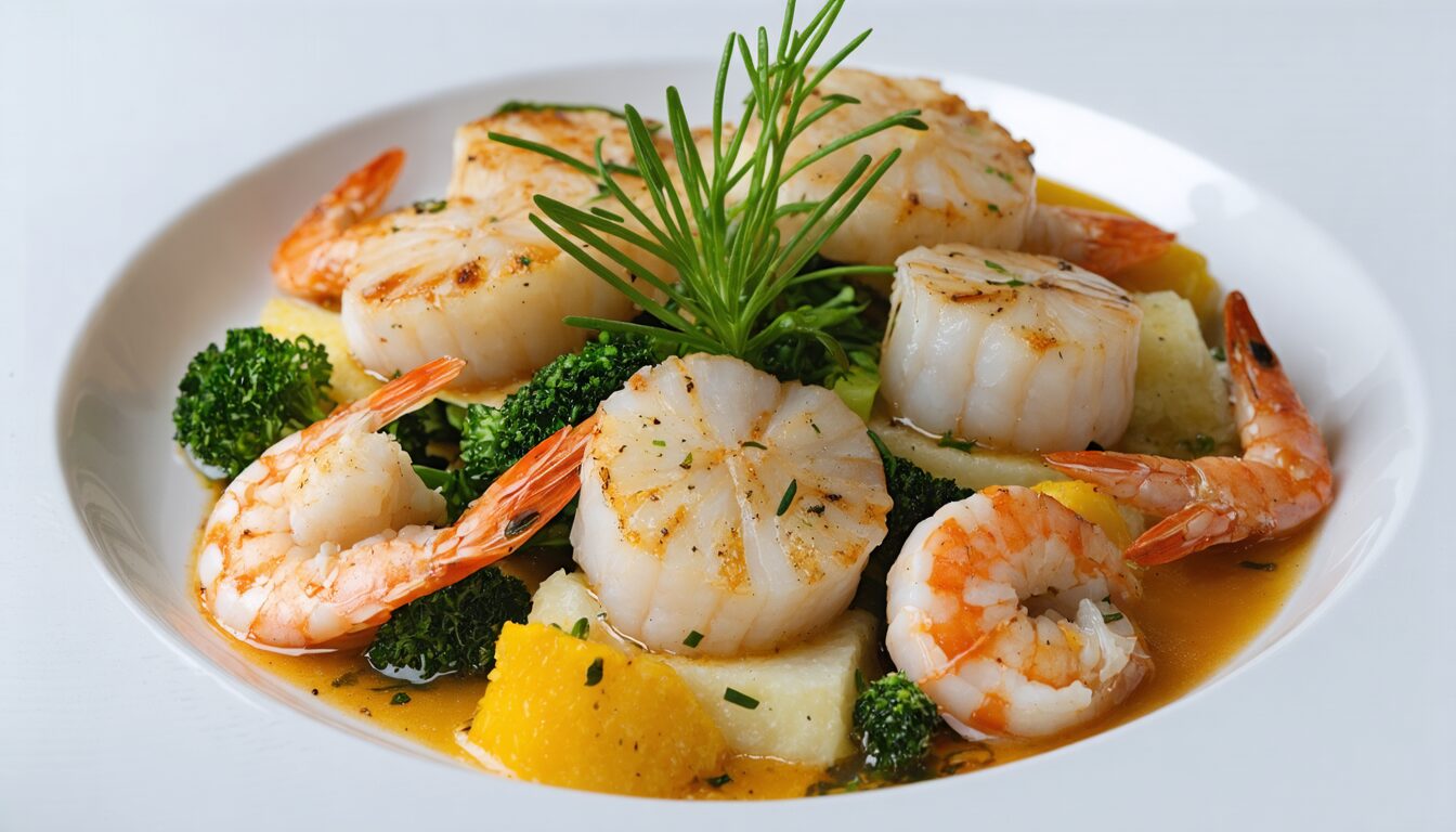 découvrez notre recette gourmande de délice marin : saint-jacques et crevettes poêlées à la perfection, un plat raffiné aux saveurs marines inoubliables.