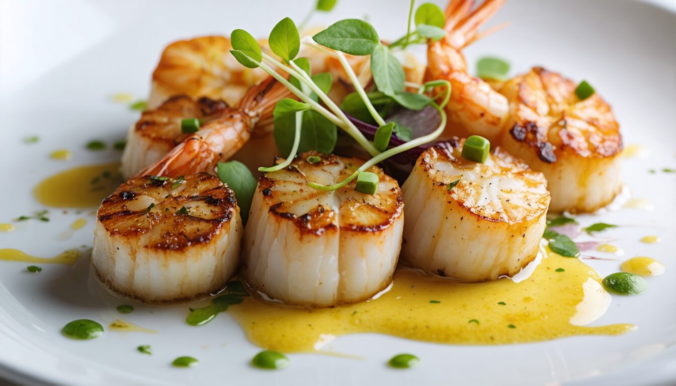 savourez le délice marin avec nos saint-jacques et crevettes poêlées à la perfection, une harmonie de saveurs fraîches et gourmandes pour un repas d'exception.