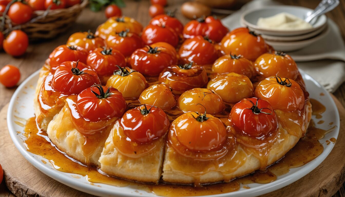 découvrez la recette irrésistible de la tarte tatin aux tomates fondantes et caramélisées, un délice renversé qui éveillera vos papilles avec ses saveurs sucrées-salées uniques.