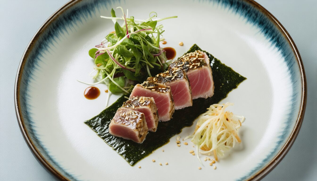 savourez notre tataki de thon rouge en croûte de sésame, servi avec une salade fraîche d’algues, pour une expérience culinaire marine raffinée et pleine de fraîcheur.