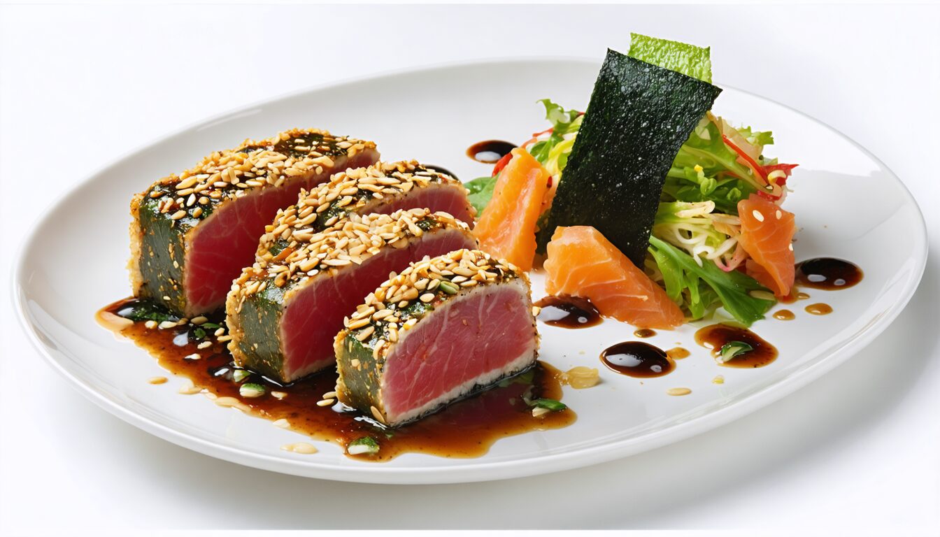 découvrez notre délice marin : un tataki de thon rouge en croûte de sésame, servi avec une salade fraîche d’algues pour une expérience gustative raffinée et saine.