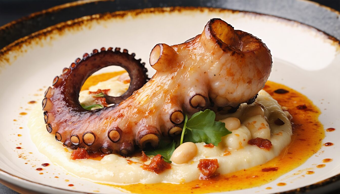 savourez notre délices marins : poulpe grillé accompagné d'une purée de haricots blancs délicatement parfumée au chorizo, une explosion de saveurs méditerranéennes pour un repas authentique et gourmand.