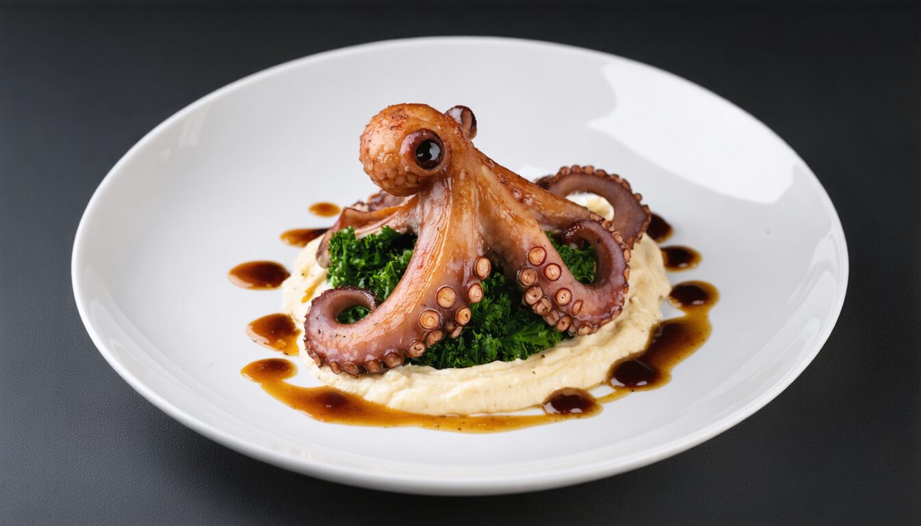 savourez délices marins avec un poulpe grillé tendre accompagné d'une purée de haricots blancs relevée aux arômes enivrants de chorizo, pour une expérience culinaire unique et gourmande.