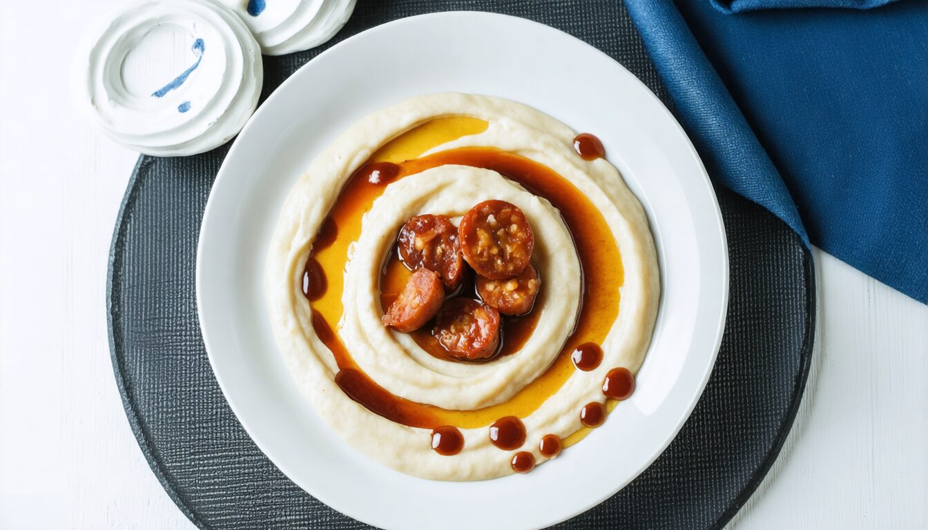 savourez délices marins : un savoureux poulpe grillé accompagné d'une purée de haricots blancs délicatement parfumée au chorizo pour une explosion de saveurs en bouche.