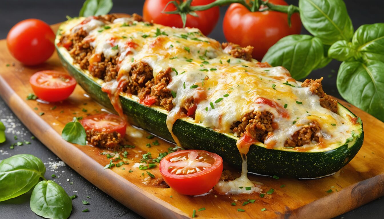 découvrez nos délicieuses courgettes farcies garnies de viande hachée savoureuse, de tomates juteuses et de fromage fondant gratiné, parfaites pour un repas gourmand et convivial.