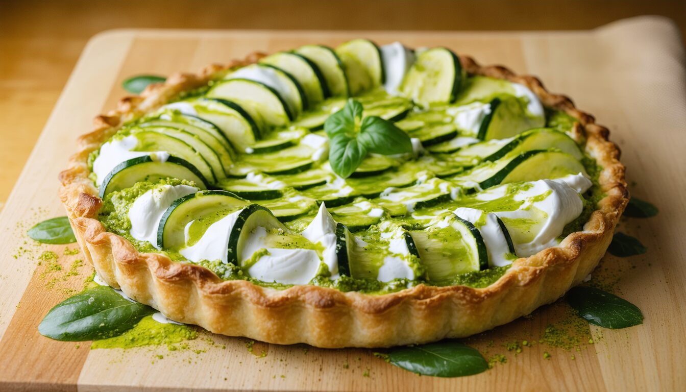 découvrez une recette simple et savoureuse de tarte aux courgettes, burrata fondante et crème de pesto, parfaite pour un repas gourmand et facile à préparer.