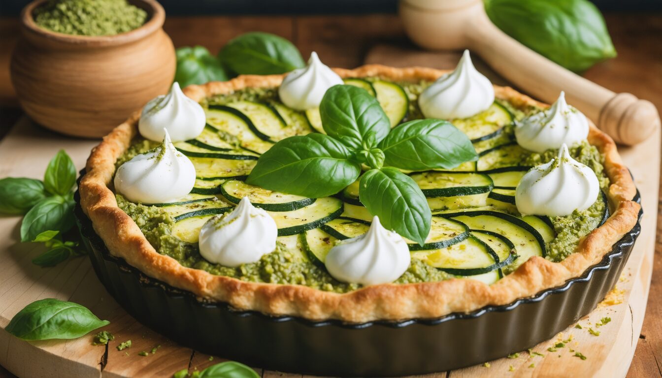 découvrez une recette simple et savoureuse de tarte aux courgettes, burrata fondante et crème de pesto, parfaite pour un repas gourmand et facile à préparer.