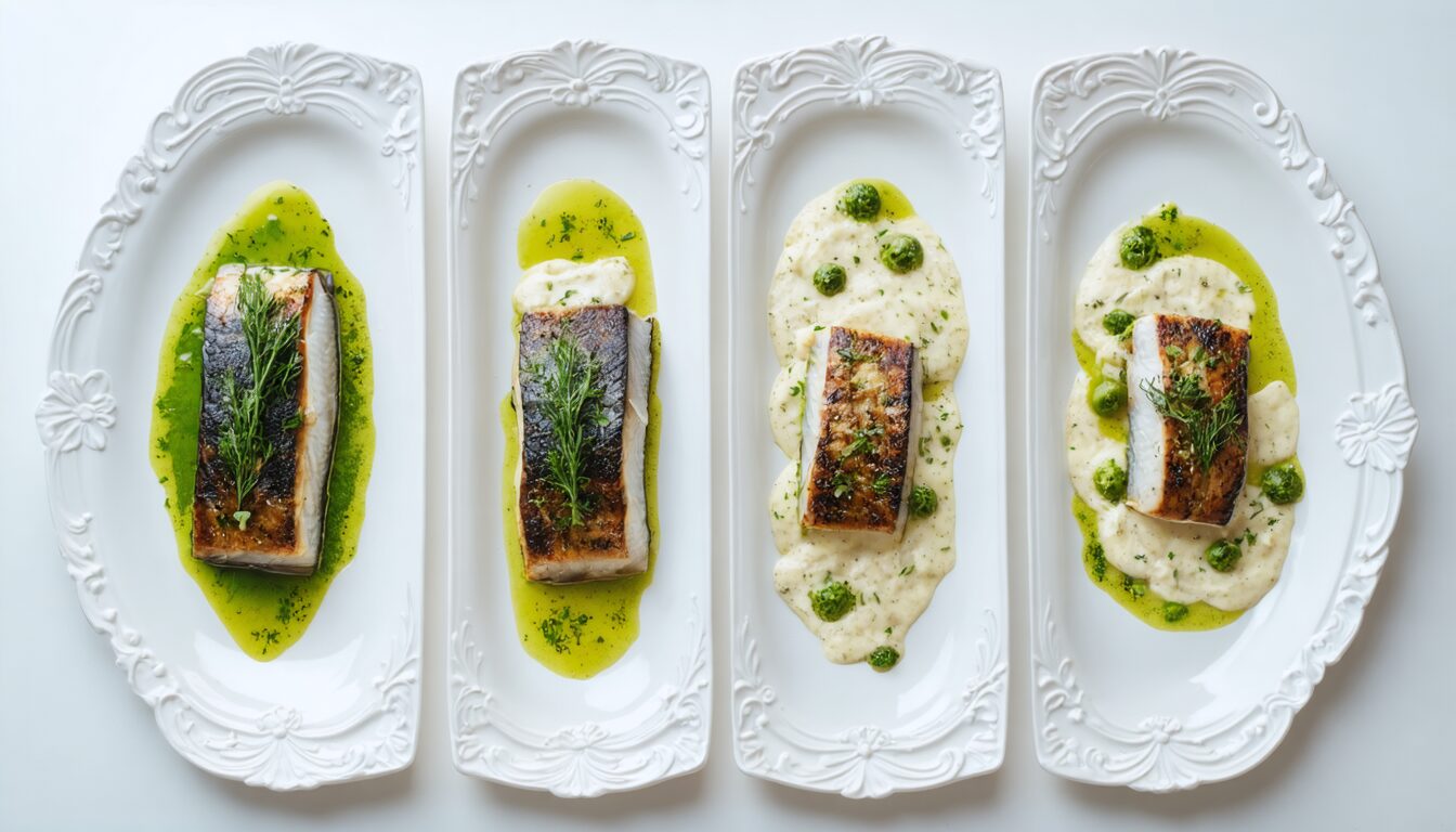 découvrez notre savoureux bar rôti au four, servi avec une crème d'oseille onctueuse et des échalotes fondantes pour un repas plein de finesse et de gourmandise.