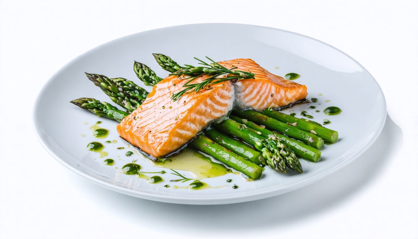 savourez un pavé de saumon tendre accompagné d'asperges fraîches, le tout nappé d'une crème à l'ail onctueuse pour un plat élégant et plein de saveurs.