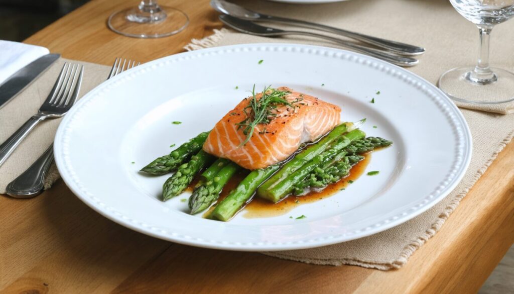 Délicieux Pavé de Saumon aux Asperges, nappé d’une onctueuse Crème à l’Ail