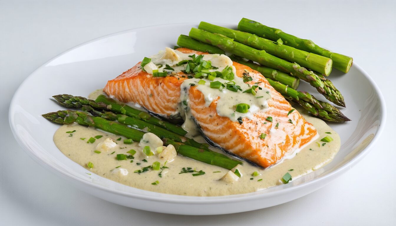 savourez un délicieux pavé de saumon accompagné d'asperges fraîches, nappé d'une onctueuse crème à l'ail pour un plat gourmet et facile à préparer.