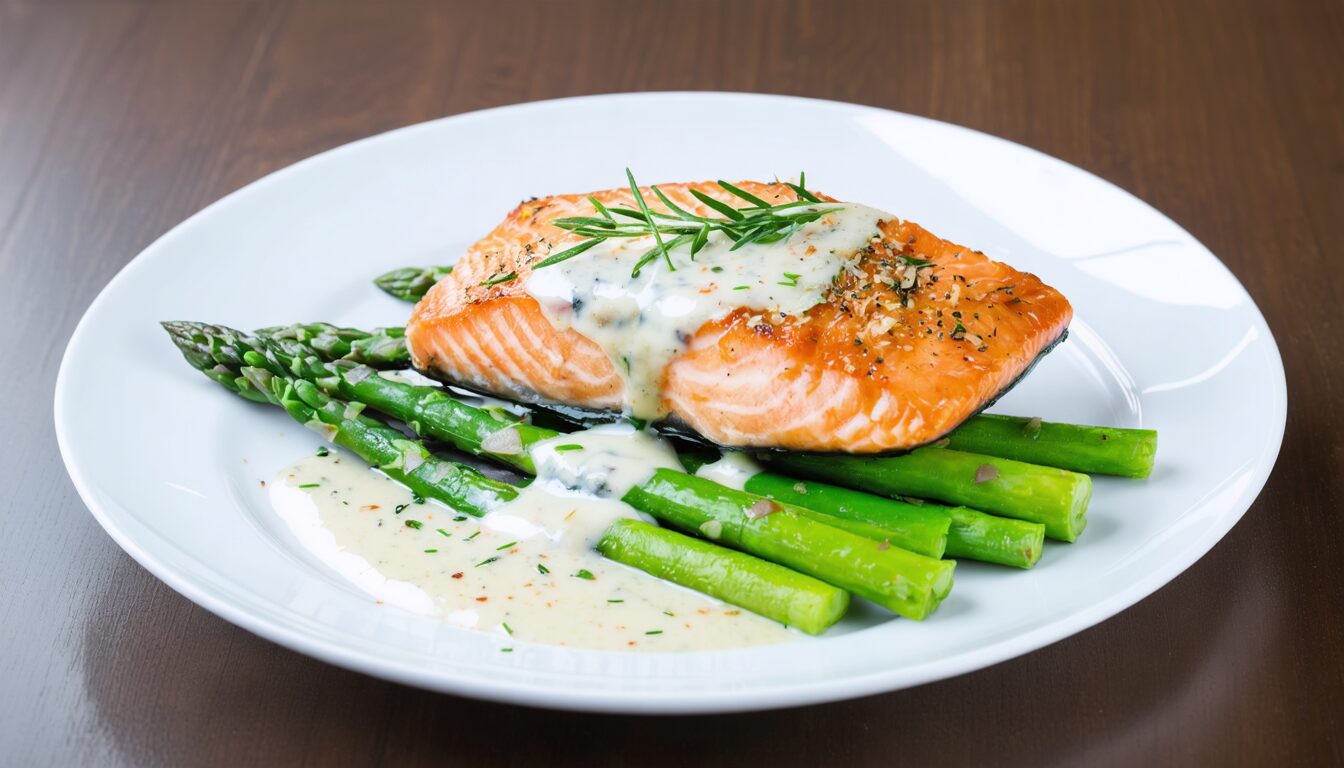 savourez un pavé de saumon tendre accompagné d'asperges croquantes, le tout nappé d'une crème onctueuse à l'ail pour un repas gourmand et raffiné.