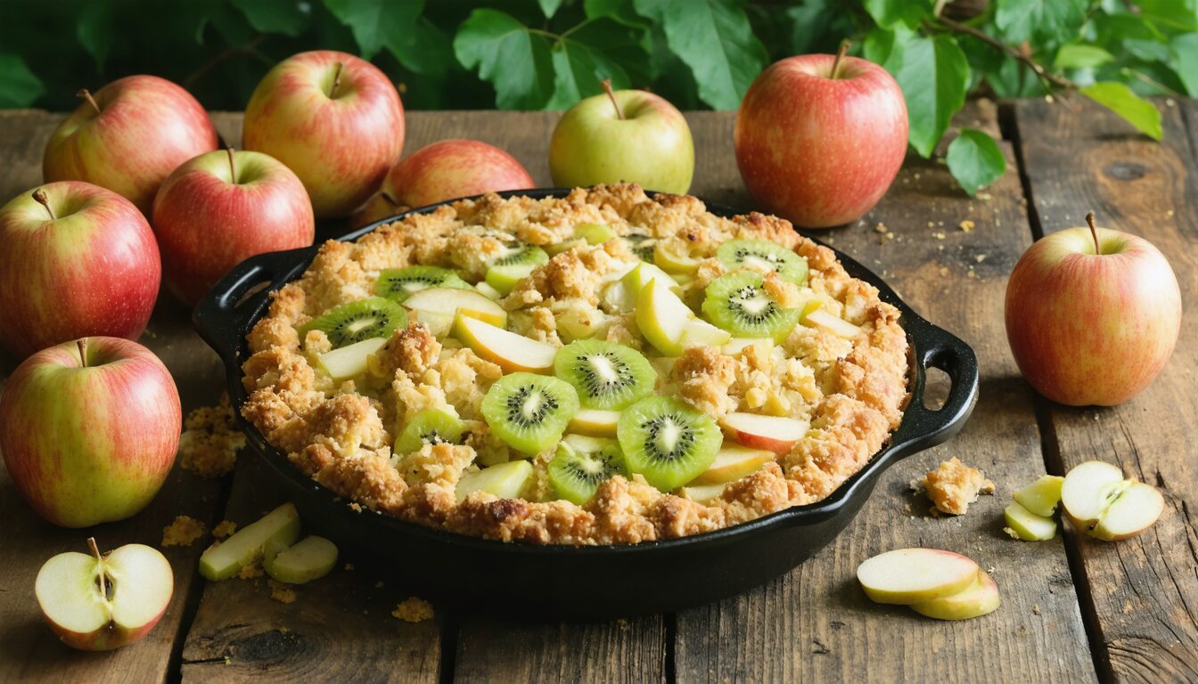 découvrez notre recette simple et savoureuse de crumble maison aux pommes et kiwis, idéale pour un dessert fruité et gourmand à partager en famille.