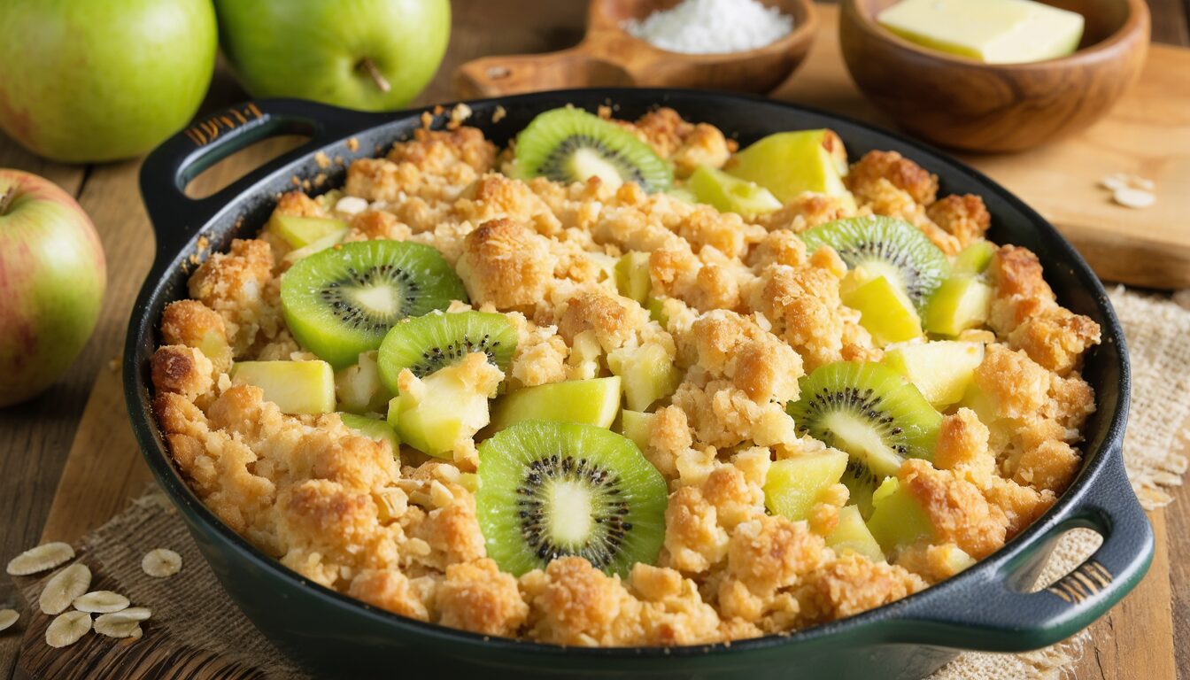 découvrez notre recette simple et savoureuse de crumble maison aux pommes et kiwis, un dessert fruité parfait pour toutes les occasions.
