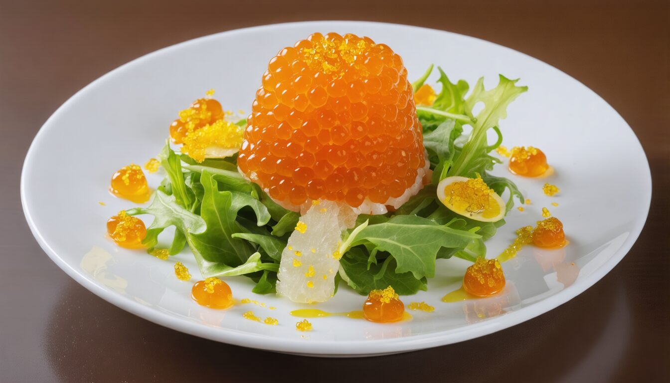 découvrez délice marin, une salade raffinée alliant la douceur du hareng, le fondant des pommes de terre et le croquant du tobiko relevé d'une touche fraîche et acidulée de yuzu, pour une expérience gourmande et originale.
