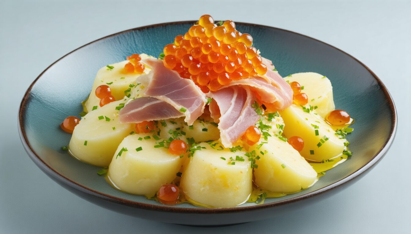 découvrez délice marin, une salade raffinée alliant hareng savoureux, pommes de terre fondantes et œufs de tobiko au yuzu pour une explosion de saveurs marines et acidulées.