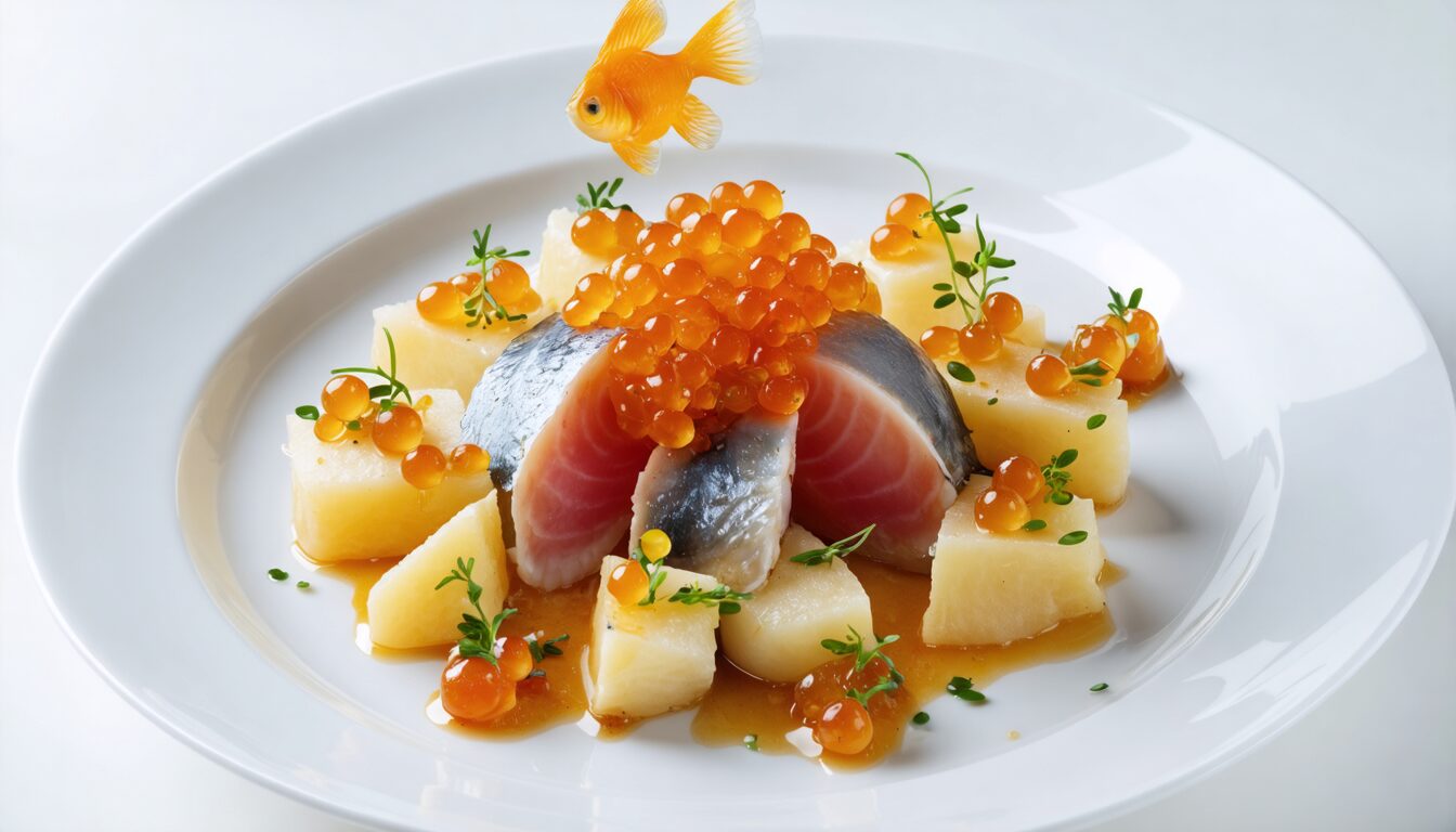découvrez la recette délicate de la salade délice marin, associant hareng savoureux, pommes de terre fondantes et tobiko au yuzu pour une explosion de saveurs raffinées et marines.