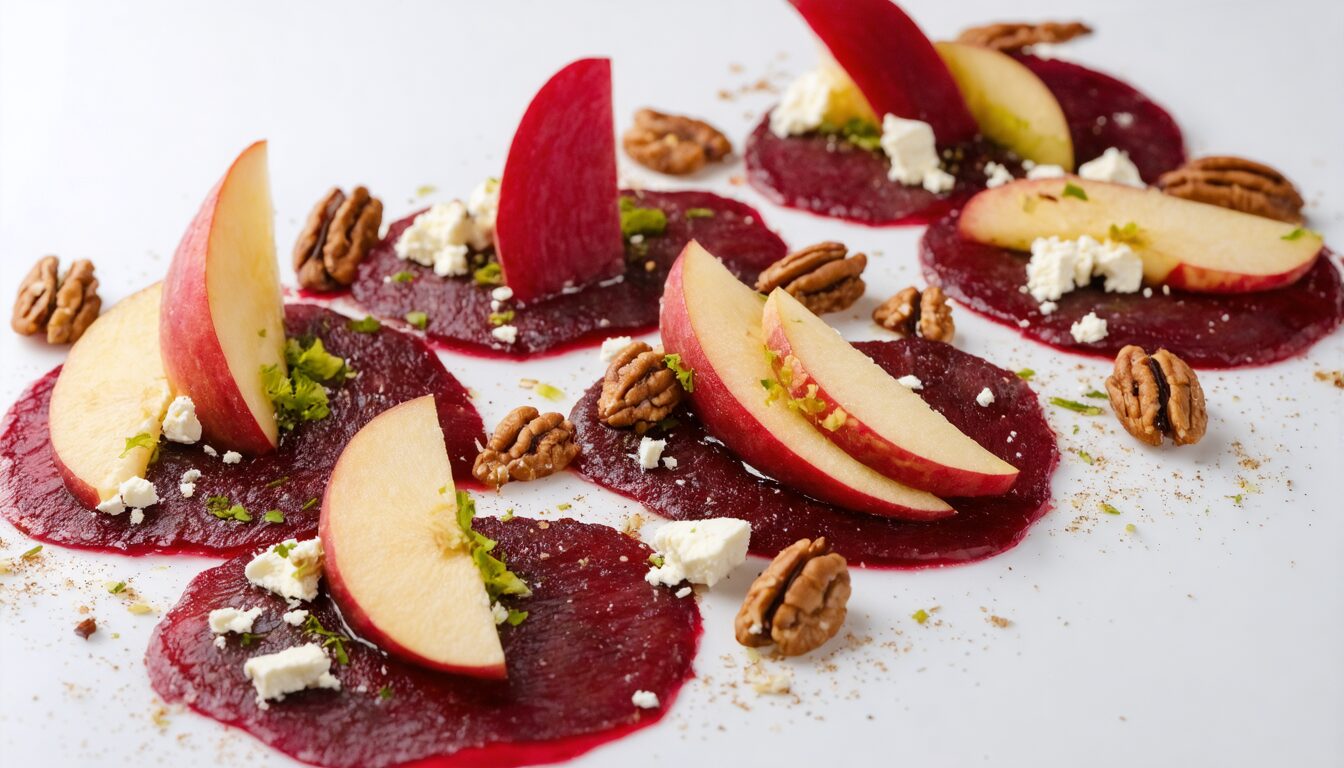 découvrez notre recette automnale raffinée : carpaccio de betterave accompagné de poires croquantes, noisettes torréfiées et une délicate saumure au yaourt crémeux, pour une explosion de saveurs et de textures.
