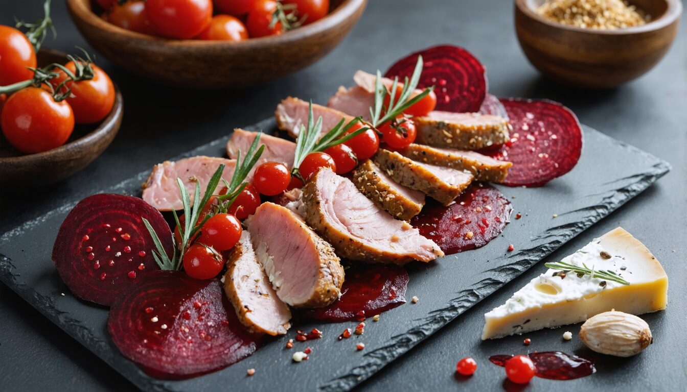 découvrez une recette automnale raffinée alliant la douceur de la betterave et des poires croquantes, le croquant des noisettes torréfiées, le tout relevé d'une saumure au yaourt crémeux pour un délice frais et gourmand.