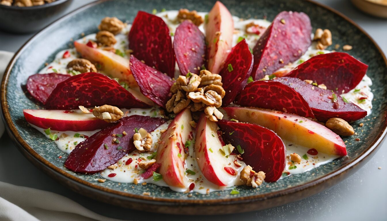 découvrez le délice d'automne, un carpaccio de betterave savoureux accompagné de poires croquantes, noisettes torréfiées et une délicate saumure au yaourt crémeux, une harmonie parfaite de textures et saveurs pour vos repas de saison.