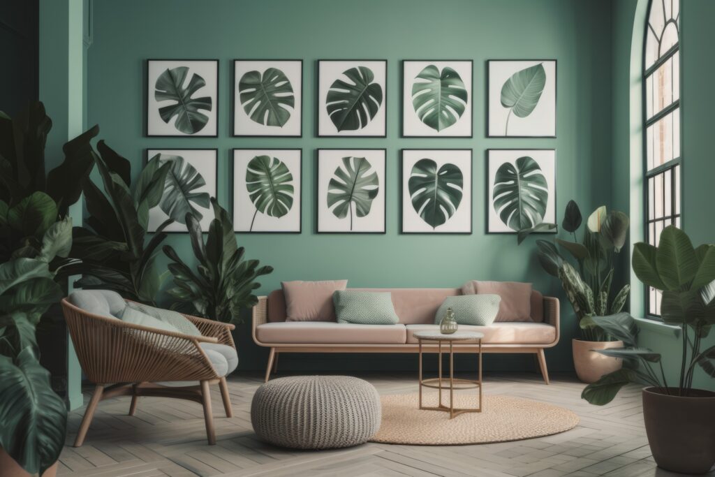 Salon moderne avec plantes et art botanique.