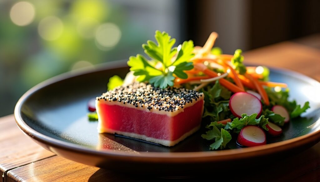 Délice marin : Tataki de Thon Rouge en croûte de Sésame accompagné d’une Salade fraîche d’Algues