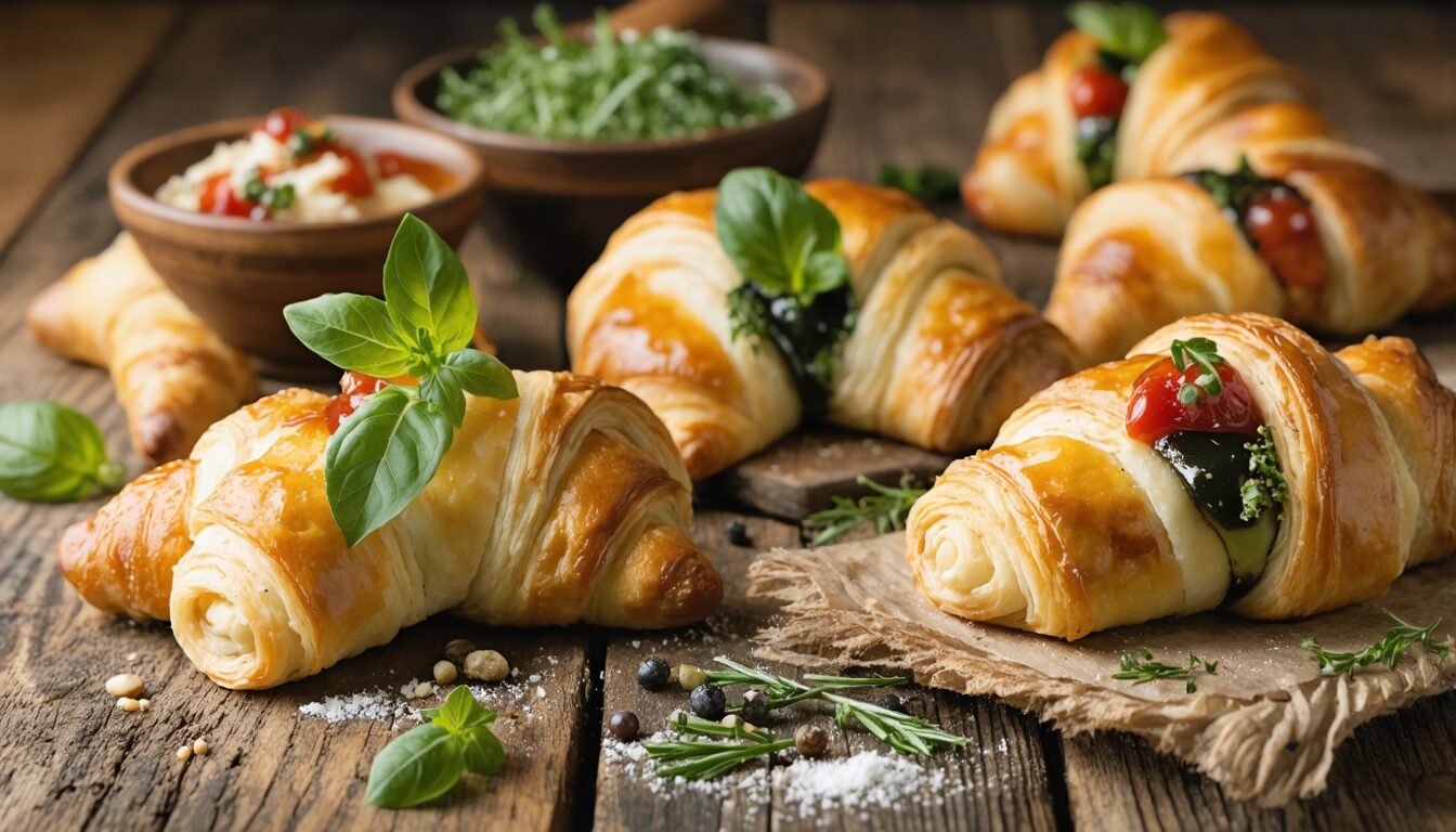découvrez nos rouleaux gourmands de pâte feuilletée garnis de guanciale croustillant, de champignons savoureux et de pecorino fondant pour une explosion de saveurs italiennes.